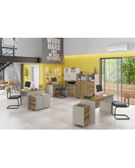 Mesas de oficina STUDIO 136 y STUDIO 90, 2 cajones, bilaminado miel y cacao, 136 x 150 cms