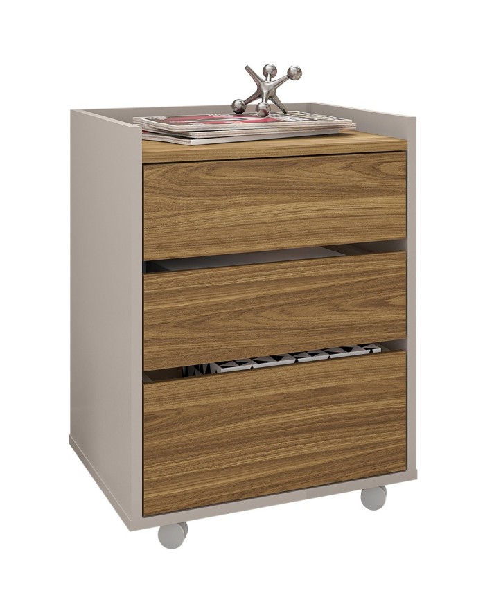 Cajonera STUDIO, ruedas, 3 cajones, guías metálicas, bilaminado miel y cacao