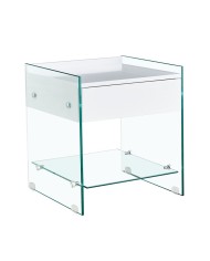 Mesa DARLING, cristal templado, cajón blanco, 45 x 45 cms