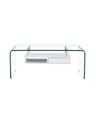 Mesa NEWARK, baja, estante blanco, cristal curvado, 110 x 60 cms