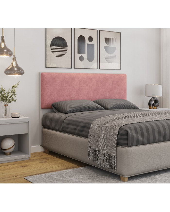 Cabecero tapizado UNI 160, MDP blanco, tejido velvet rosa, 160x5x90 cms