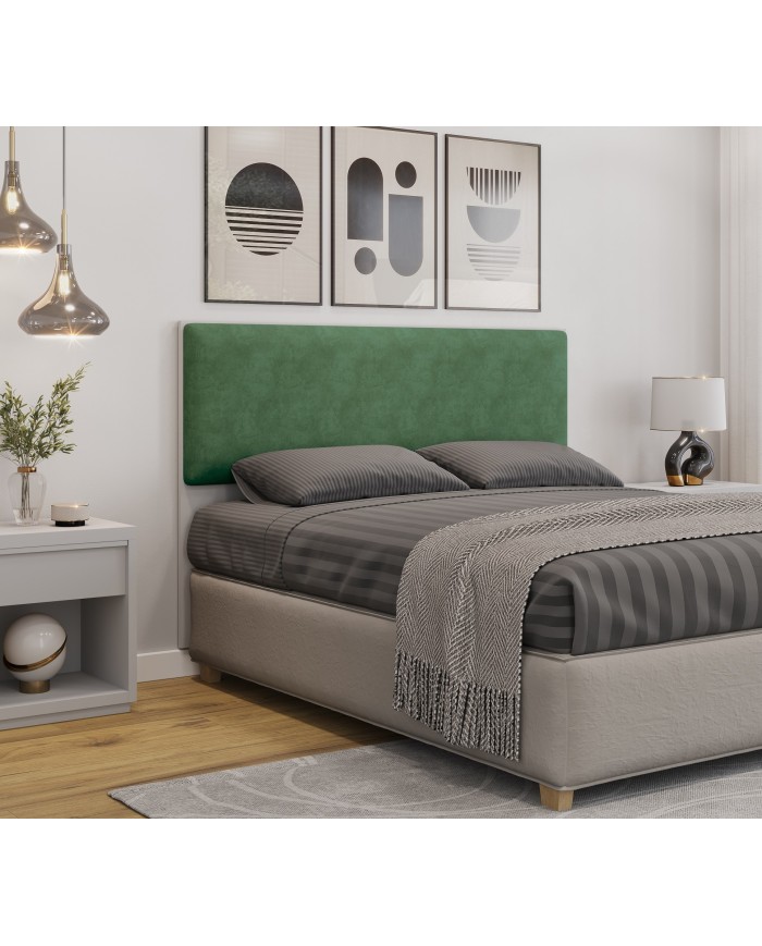 Cabecero tapizado UNI 160, MDP blanco, tejido velvet verde, 160x5x90 cms