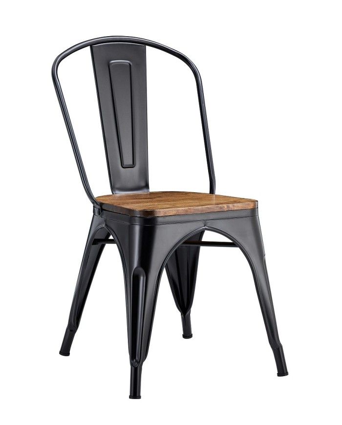 Silla TOL EK WOOD, acero, negra, asiento madera