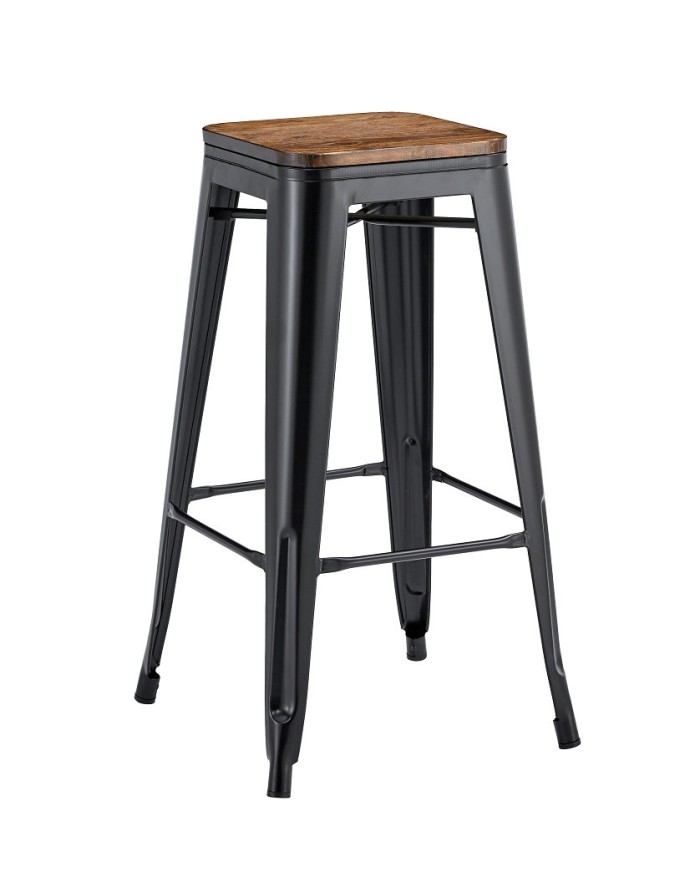 Taburete TOL EK WOOD, acero, negro, asiento madera