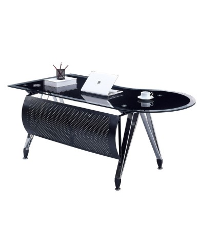 Mesa de oficina MAGNA, forma a izquierda, vidrio templado negro, 180 x 85 cms