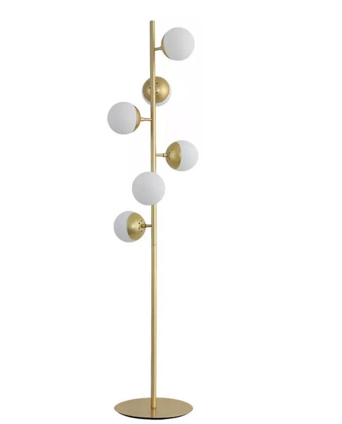 Lámpara LEÓPOLIS, pie salón, metal, dorada, tulipas blancas