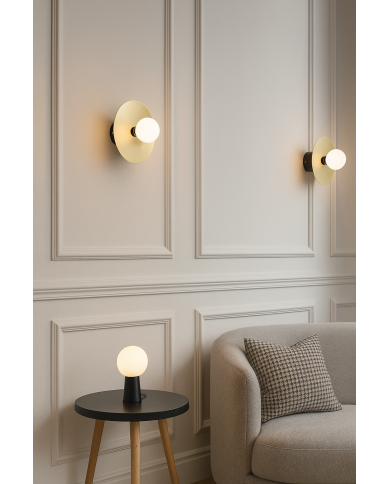 Aplique GRUND, metal dorado y negro, tulipa blanca