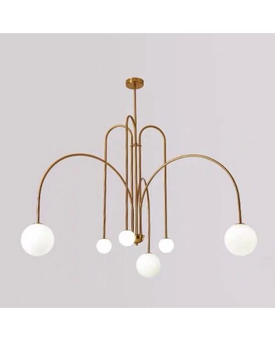 Lámpara MOERS, colgante, metal, dorada vintage, tulipa blanca