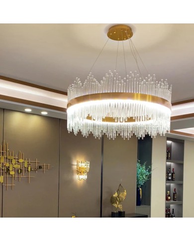 Lámpara MILDA, colgante, metal dorada, cristal, led