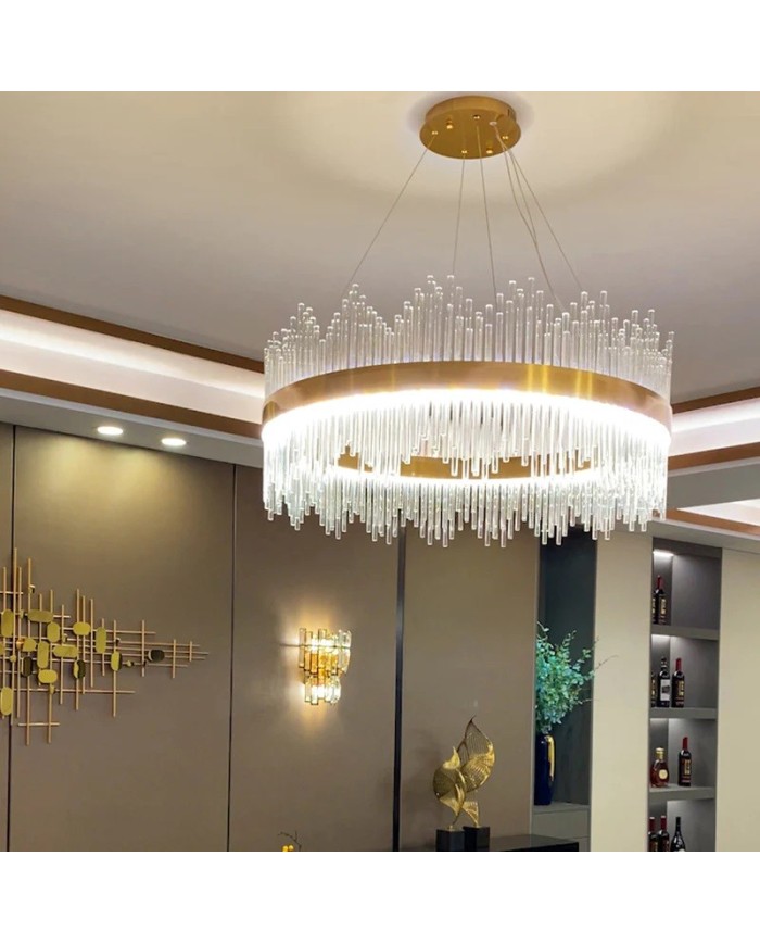 Lámpara MILDA, colgante, metal dorada, cristal, led