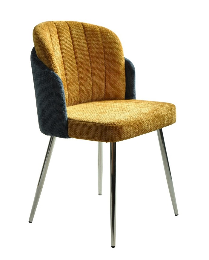 Silla DRESDE, cromada, tapizada chenilla azul y amarillo