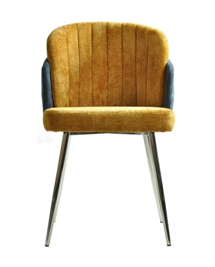 Silla DRESDE, cromada, tapizada chenilla azul y amarillo