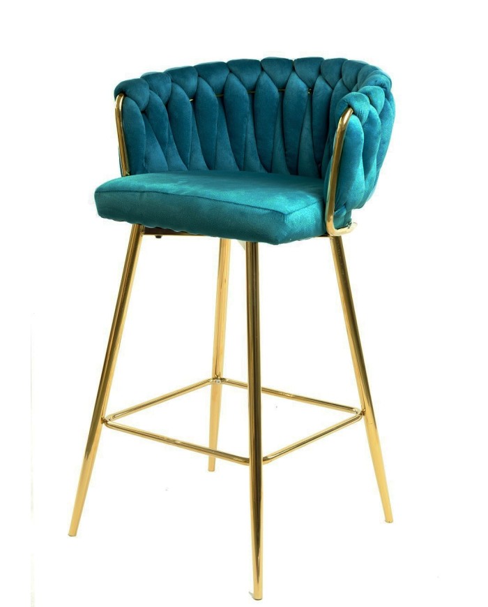 Taburete KING, metal, cromado dorado, tapizado velvet turquesa