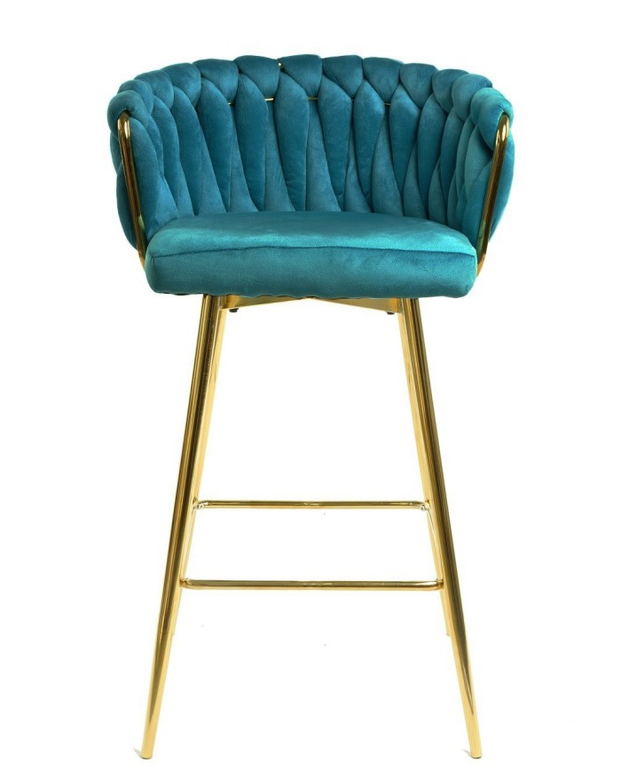 Taburete KING, metal, cromado dorado, tapizado velvet turquesa