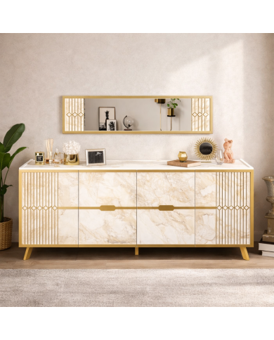 Aparador ELOISE, biIaminado mármol blanco con detalles dorados, 180 cms.