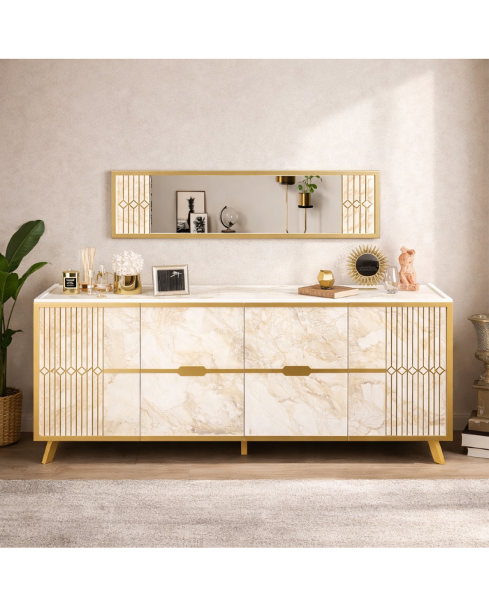 Aparador ELOISE, biIaminado mármol blanco con detalles dorados, 180 cms.