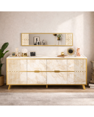 Aparador ELOISE, biIaminado mármol blanco con detalles dorados, 180 cms.