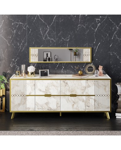 Aparador ELOISE, biIaminado mármol blanco con detalles dorados, 180 cms.