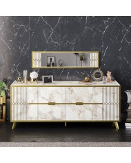Aparador ELOISE, biIaminado mármol blanco con detalles dorados, 180 cms.