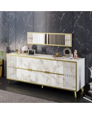 Aparador ELOISE, biIaminado mármol blanco con detalles dorados, 180 cms.