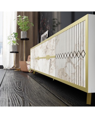 Aparador ELOISE, biIaminado mármol blanco con detalles dorados, 180 cms.