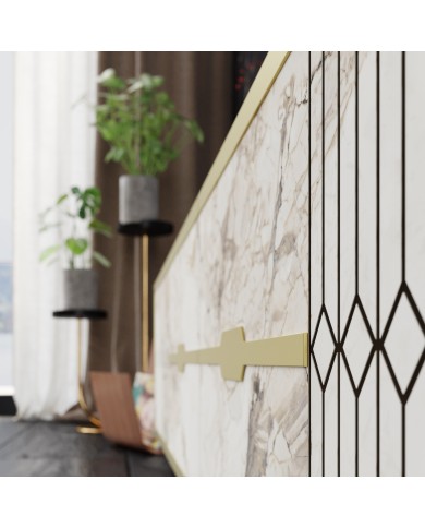 Aparador ELOISE, biIaminado mármol blanco con detalles dorados, 180 cms.