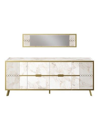 Aparador ELOISE, biIaminado mármol blanco con detalles dorados, 180 cms.