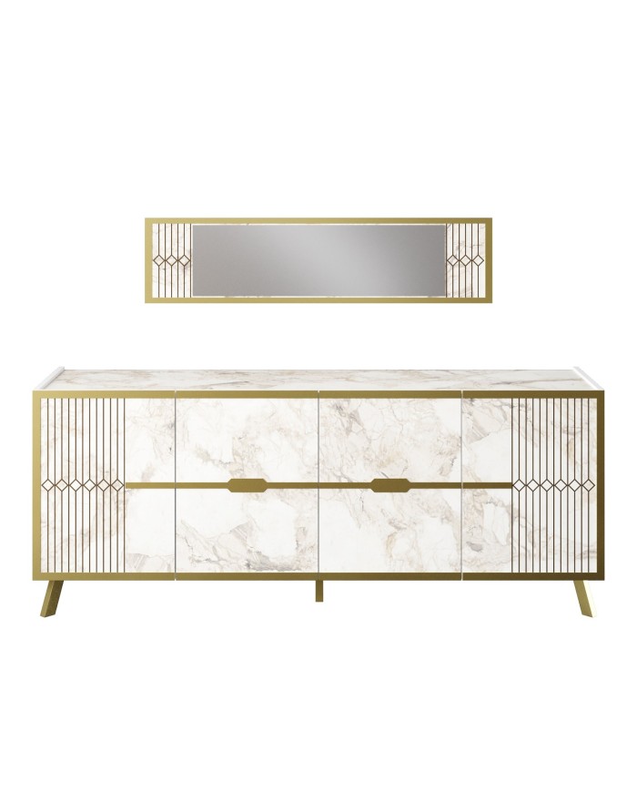 Aparador ELOISE, biIaminado mármol blanco con detalles dorados, 180 cms.