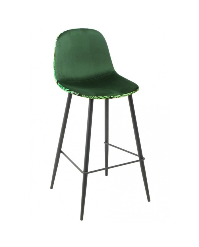 Taburete HORUS NEW, metal, tapizado velvet verde con trasera floral a juego