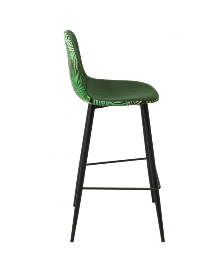 Taburete HORUS NEW, metal, tapizado velvet verde con trasera floral a juego