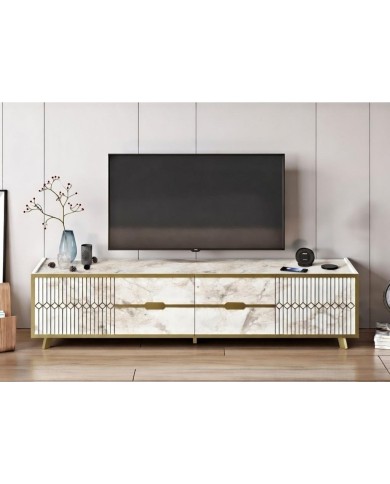 Mueble de TV ELOISE, biIaminado mármol blanco con detalles dorados, 180 cms.