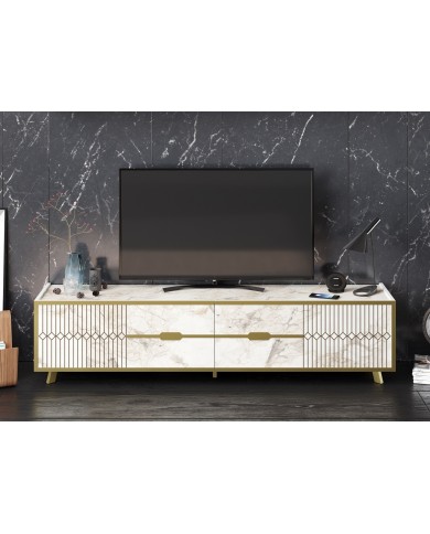 Mueble de TV ELOISE, biIaminado mármol blanco con detalles dorados, 180 cms.