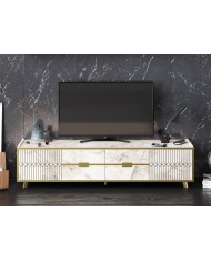 Mueble de TV ELOISE, biIaminado mármol blanco con detalles dorados, 180 cms.