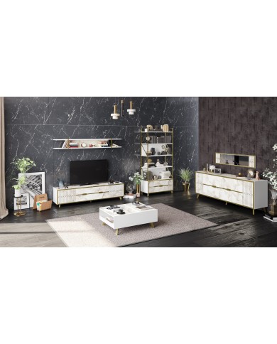 Mueble de TV ELOISE, biIaminado mármol blanco con detalles dorados, 180 cms.