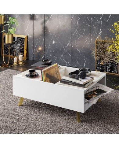 Mesa baja ELOISE, biIaminado mármol blanco, 89,5 cms.