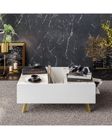 Mesa baja ELOISE, biIaminado mármol blanco, 89,5 cms.