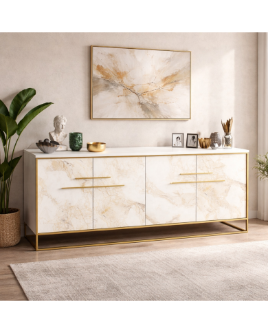 Aparador SIENA, biIaminado mármol blanco con metal dorado, 180 cms.
