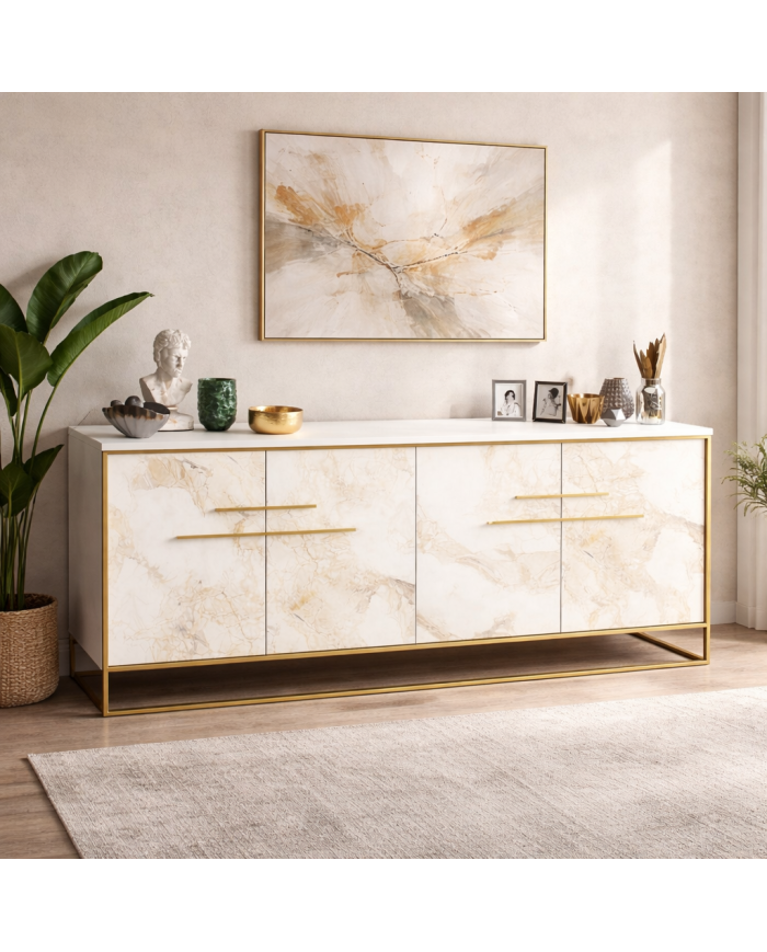 Aparador SIENA, biIaminado mármol blanco con metal dorado, 180 cms.