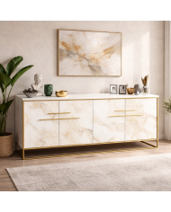 Aparador SIENA, biIaminado mármol blanco con metal dorado, 180 cms.