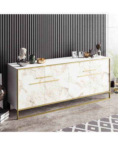 Aparador SIENA, biIaminado mármol blanco con metal dorado, 180 cms.