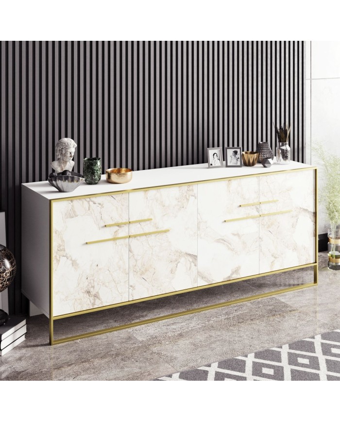 Aparador SIENA, biIaminado mármol blanco con metal dorado, 180 cms.
