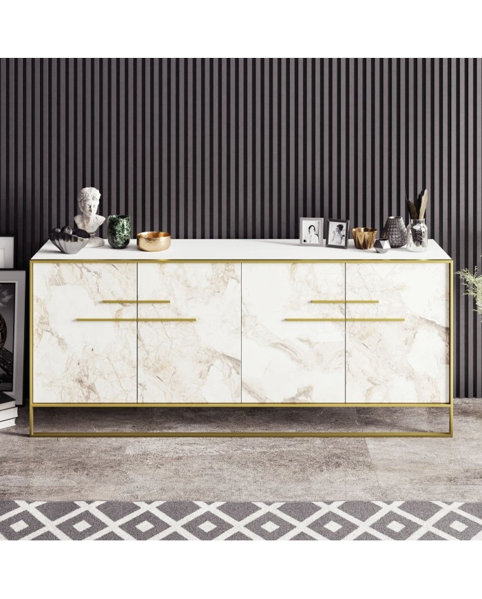 Aparador SIENA, biIaminado mármol blanco con metal dorado, 180 cms.