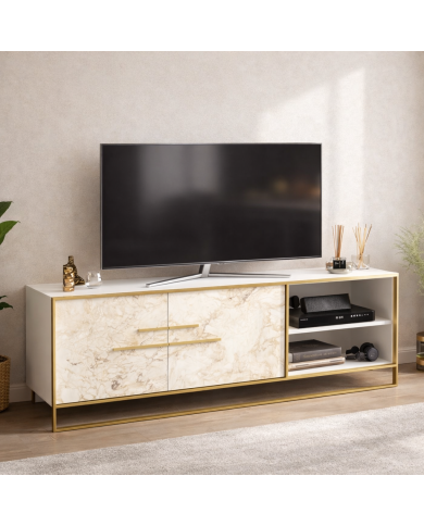 Mueble de TV SIENA, biIaminado mármol blanco con metal dorado, 160 cms.