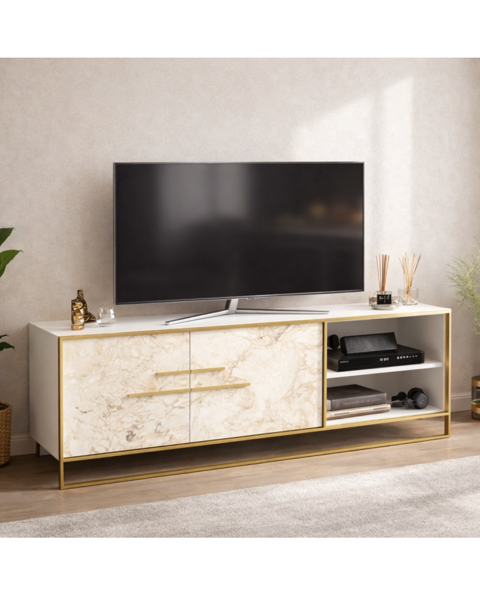 Mueble de TV SIENA, biIaminado mármol blanco con metal dorado, 160 cms.