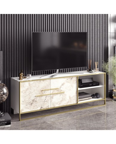Mueble de TV SIENA, biIaminado mármol blanco con metal dorado, 160 cms.
