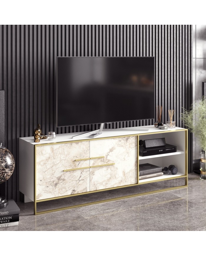 Mueble de TV SIENA, biIaminado mármol blanco con metal dorado, 160 cms.