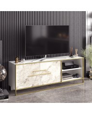 Mueble de TV SIENA, biIaminado mármol blanco con metal dorado, 160 cms.