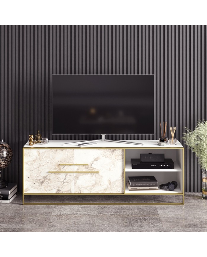 Mueble de TV SIENA, biIaminado mármol blanco con metal dorado, 160 cms.