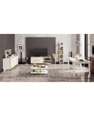 Mueble de TV SIENA, biIaminado mármol blanco con metal dorado, 160 cms.