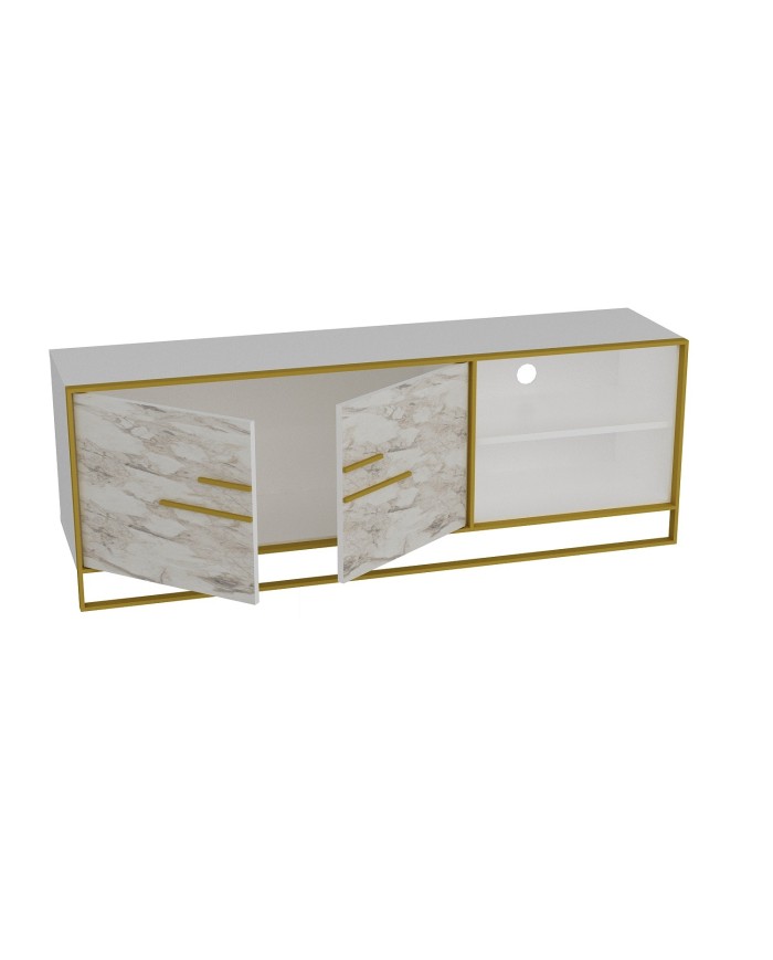 Mueble de TV SIENA, biIaminado mármol blanco con metal dorado, 160 cms.